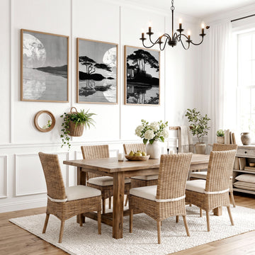 Asian Painting Japanese Moonrise Silhouette Grey & Black wall art displayed on a wall in a styled room — view 2