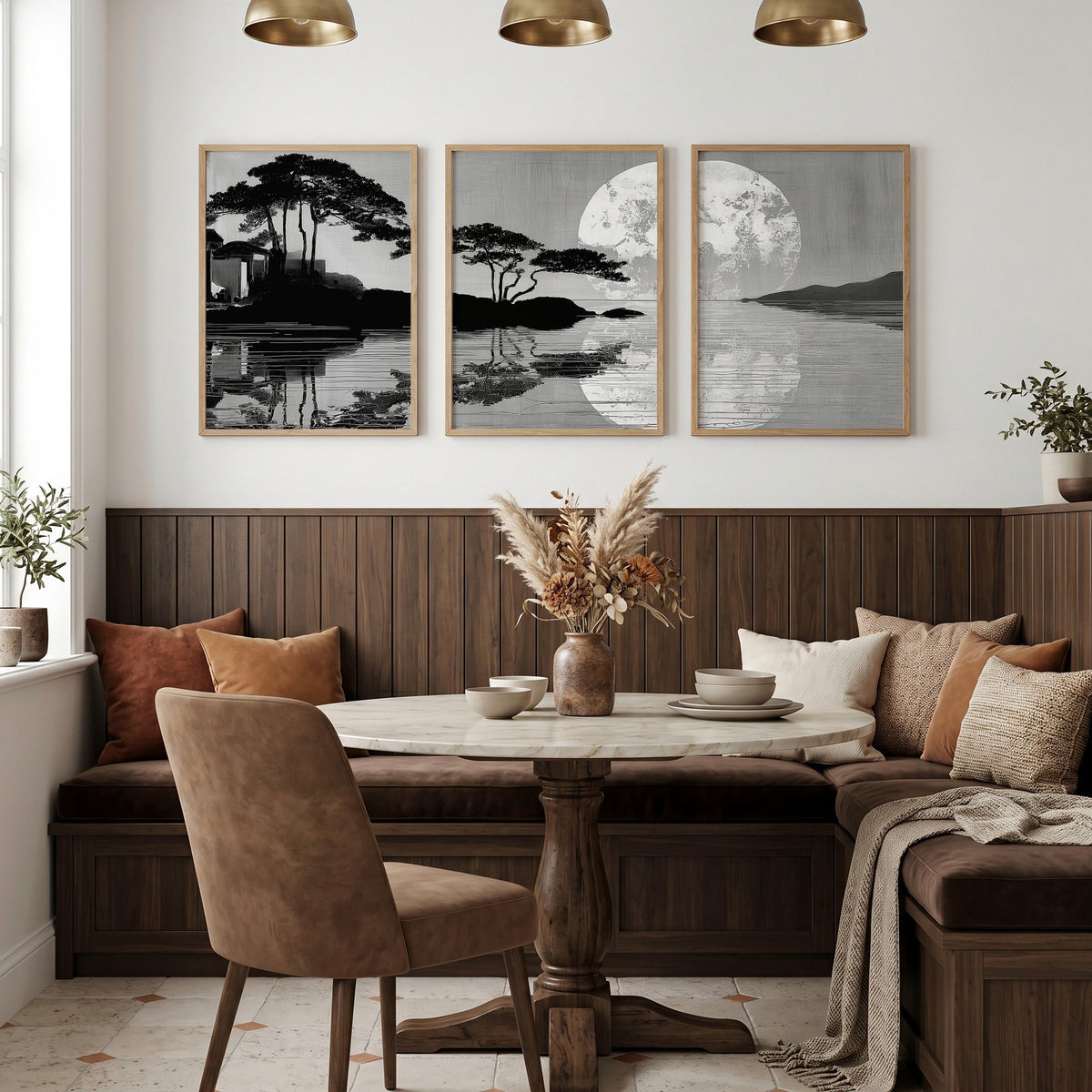 Asian Painting Japanese Moonrise Silhouette Grey & Black wall art displayed on a wall in a styled room — view 3
