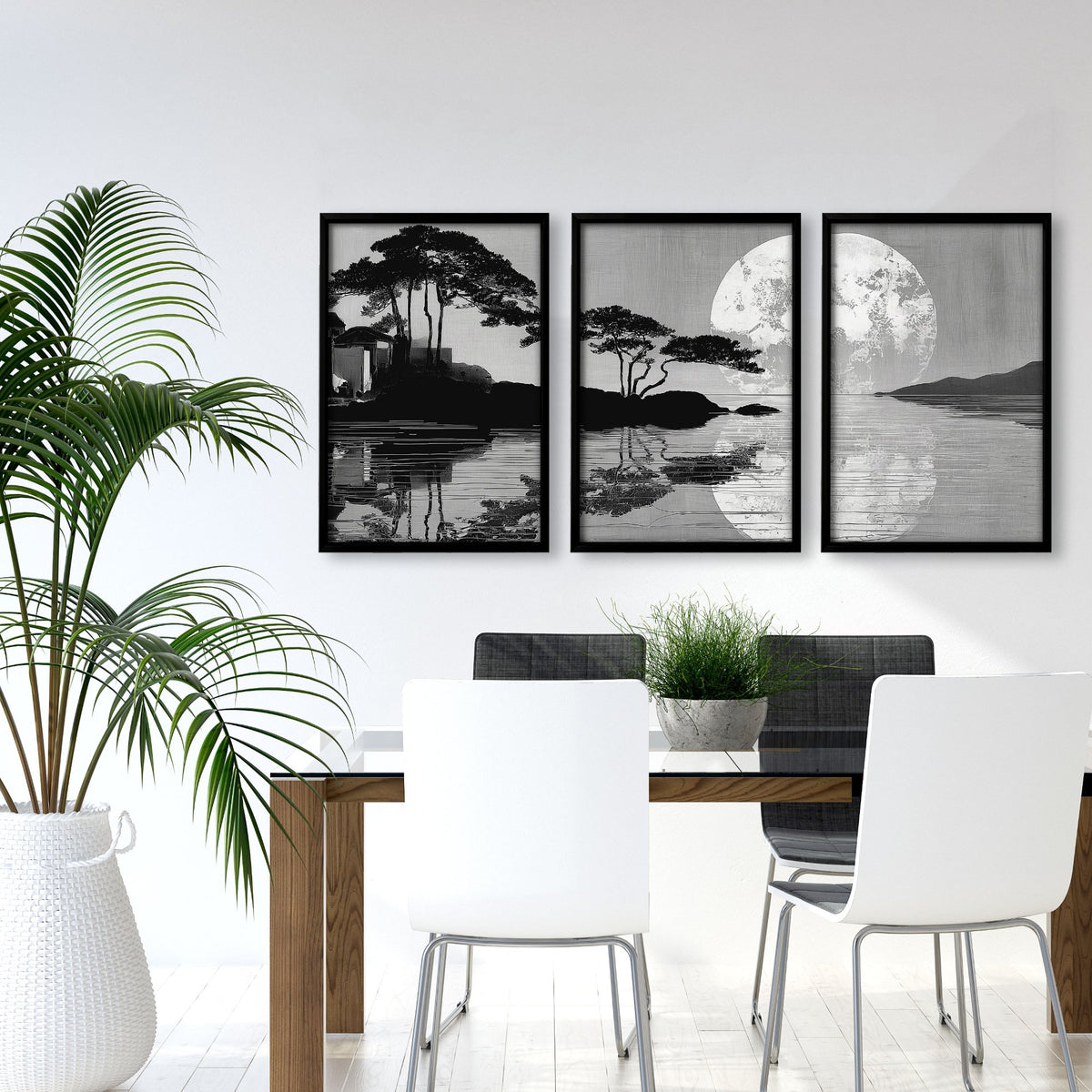 Asian Painting Japanese Moonrise Silhouette Grey & Black wall art displayed on a wall in a styled room — view 4
