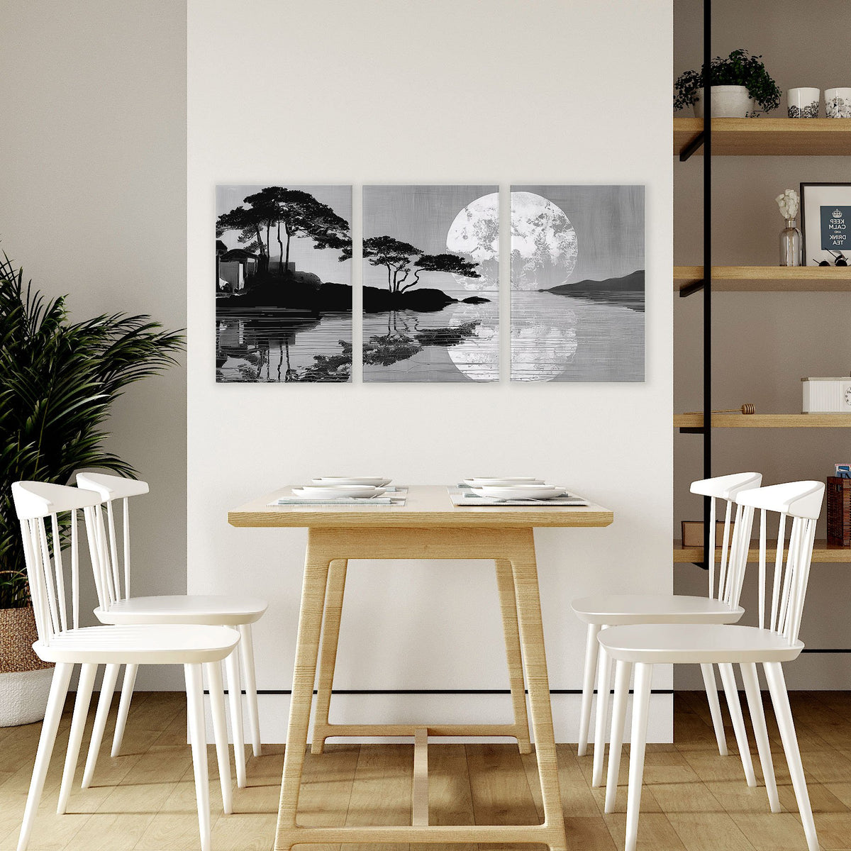 Asian Painting Japanese Moonrise Silhouette Grey & Black wall art displayed on a wall in a styled room — view 5