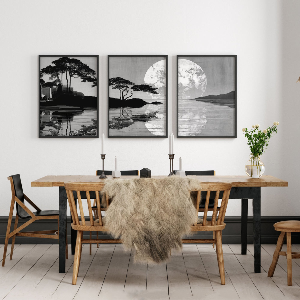 Asian Painting Japanese Moonrise Silhouette Grey & Black wall art displayed on a wall in a styled room — view 6