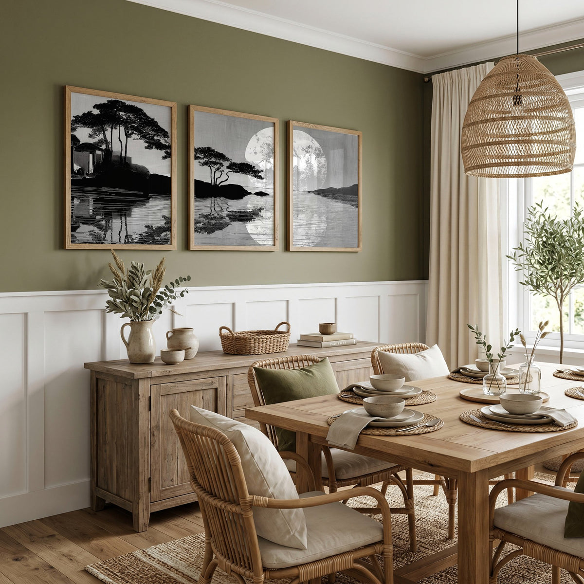 Asian Painting Japanese Moonrise Silhouette Grey & Black wall art displayed on a wall in a styled room — view 7