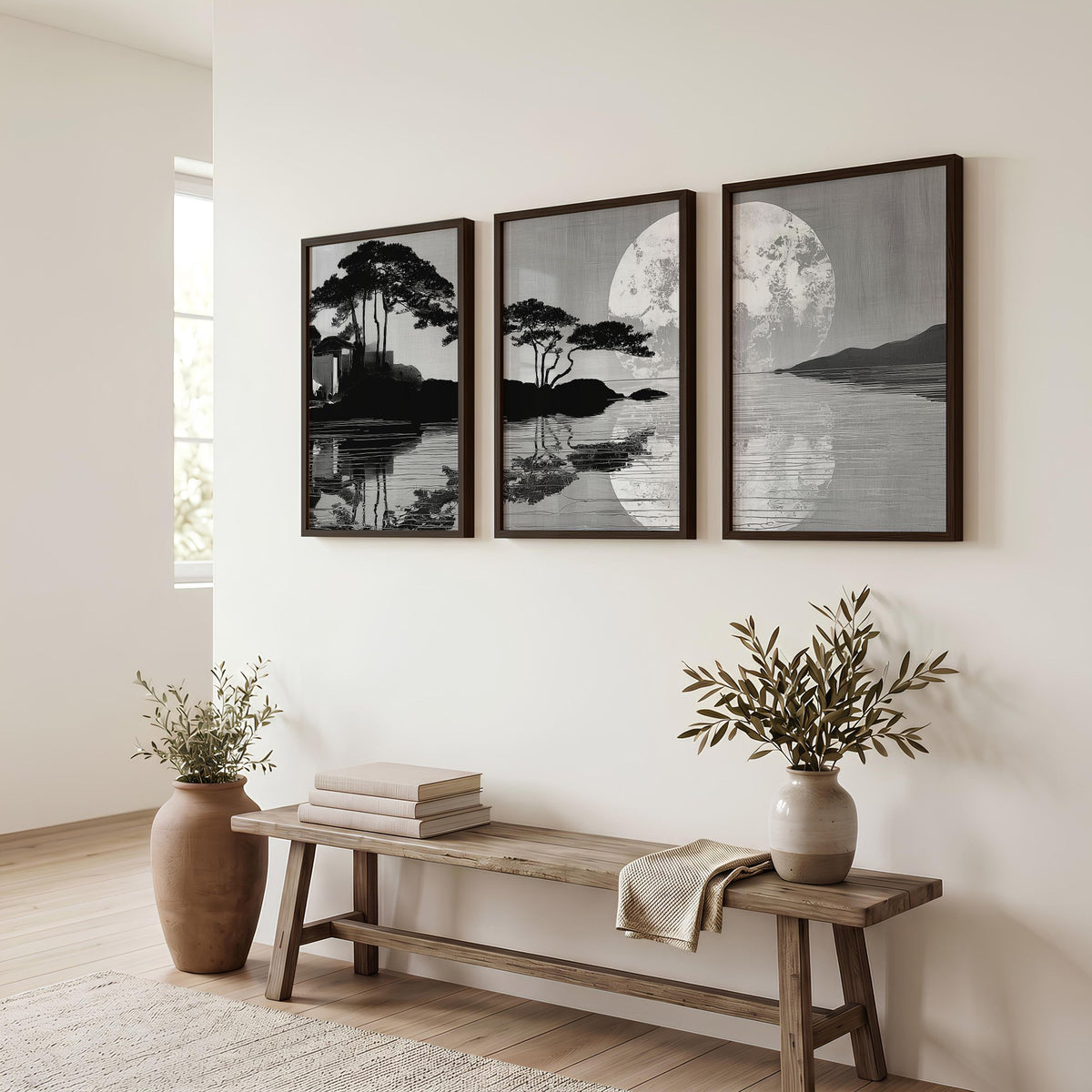 Asian Wall Art Japanese Moonrise Silhouette Grey Black & White displayed on a wall in a styled room — view 2