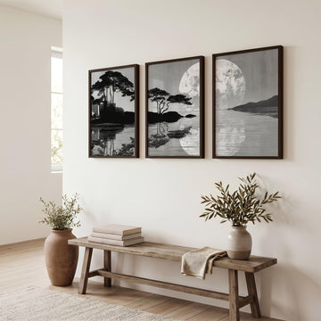 Asian Wall Art Japanese Moonrise Silhouette Grey Black & White displayed on a wall in a styled room — view 2