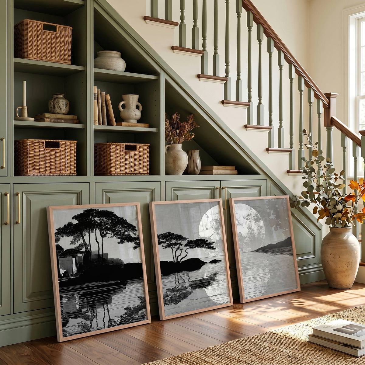 Asian Wall Art Japanese Moonrise Silhouette Grey Black & White displayed on a wall in a styled room — view 3