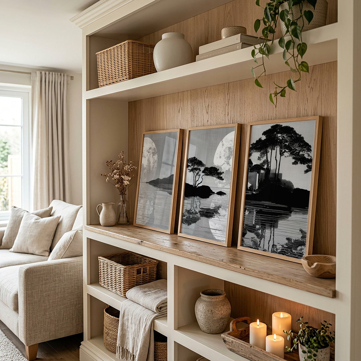 Asian Wall Art Japanese Moonrise Silhouette Grey Black & White displayed on a wall in a styled room — view 4