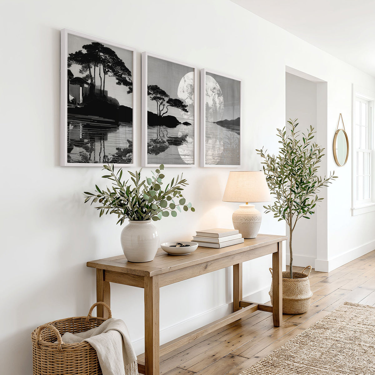 Asian Wall Art Japanese Moonrise Silhouette Grey Black & White displayed on a wall in a styled room — view 5
