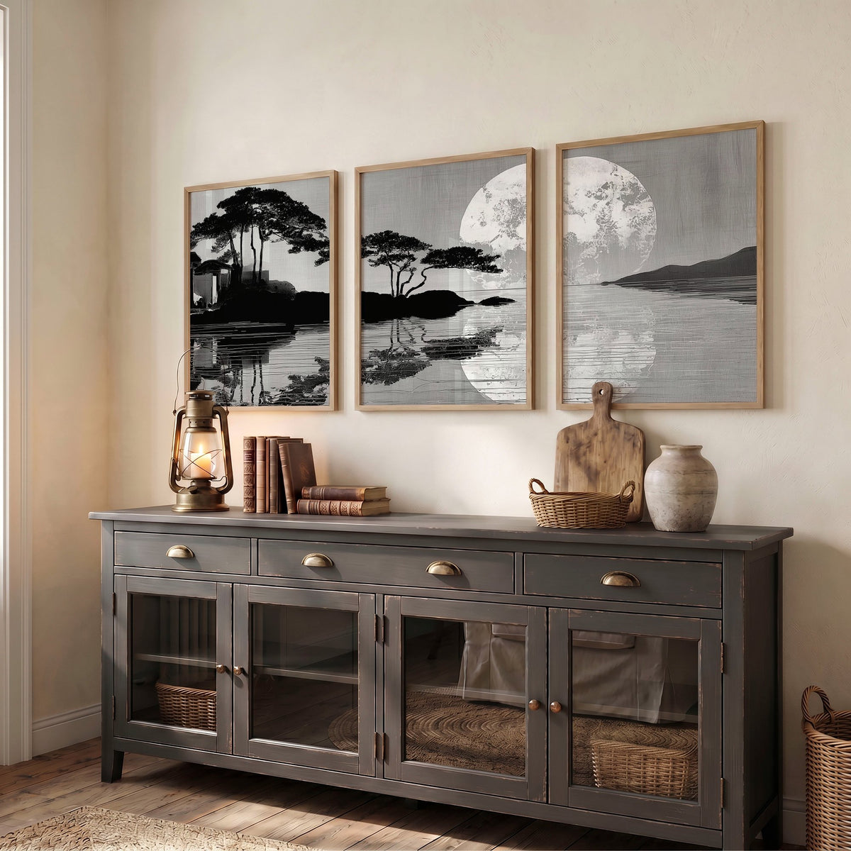 Asian Wall Art Japanese Moonrise Silhouette Grey Black & White displayed on a wall in a styled room — view 6