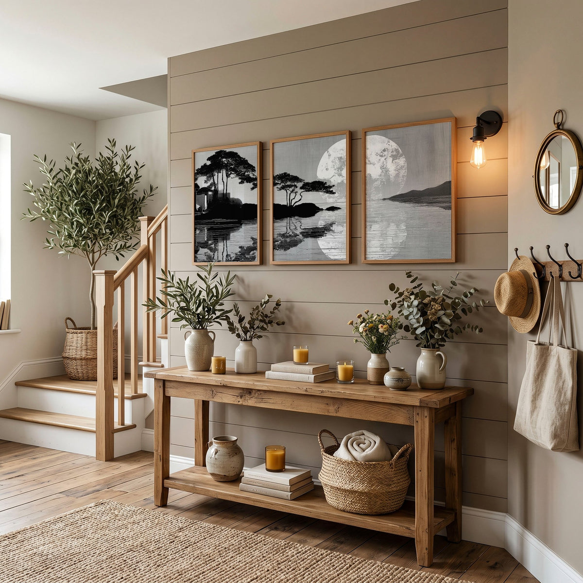 Asian Wall Art Japanese Moonrise Silhouette Grey Black & White displayed on a wall in a styled room — view 9