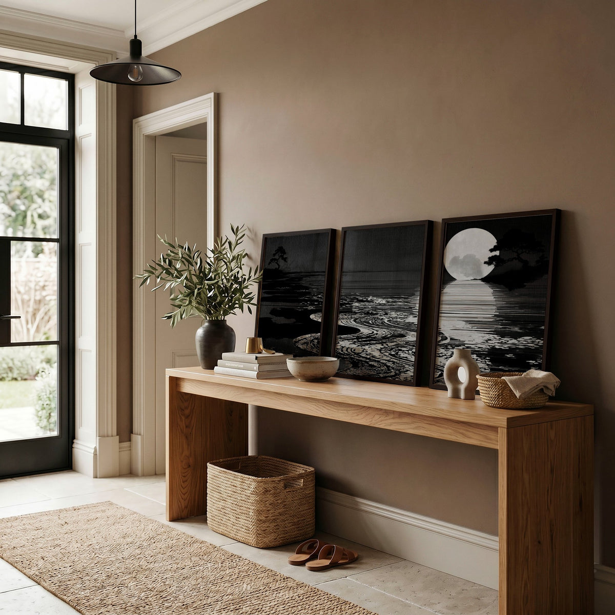 Asian Wall Art Panels | Japandi Moonrise Landscape, Black & White Japanese Seascape displayed on a wall in a styled room