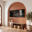 Asian Wall Art Panels | Japandi Moonrise Landscape, Black & White Japanese Seascape displayed on a wall in a styled room — view 10