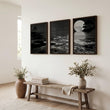 Asian Wall Art Panels | Japandi Moonrise Landscape, Black & White Japanese Seascape displayed on a wall in a styled room — view 2