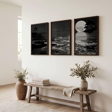 Asian Wall Art Panels | Japandi Moonrise Landscape, Black & White Japanese Seascape displayed on a wall in a styled room — view 2