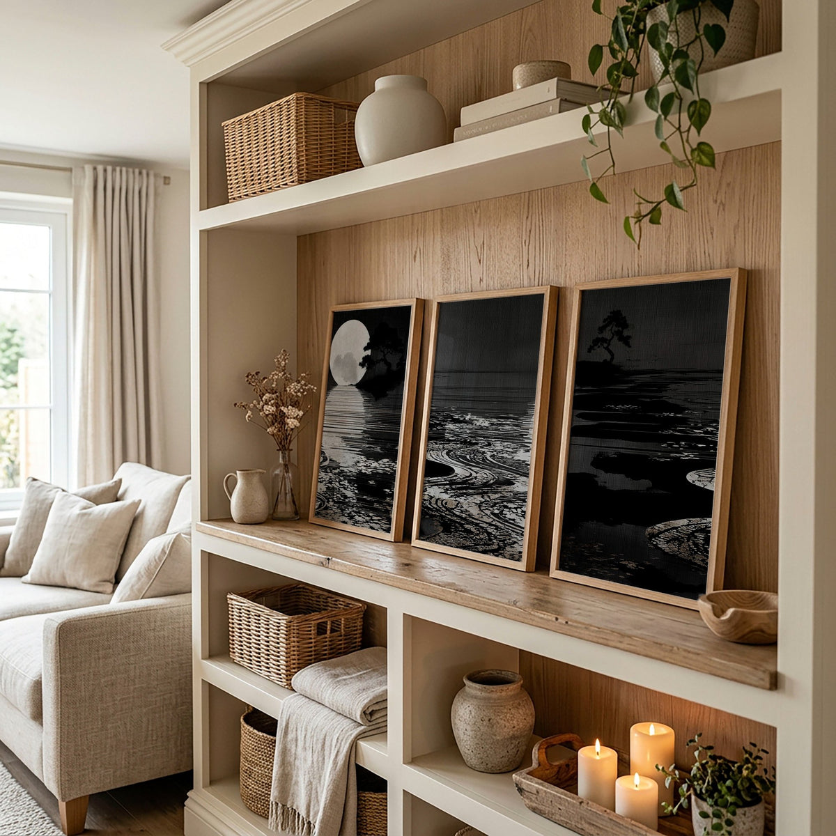 Asian Wall Art Panels | Japandi Moonrise Landscape, Black & White Japanese Seascape displayed on a wall in a styled room — view 4