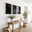 Asian Wall Art Panels | Japandi Moonrise Landscape, Black & White Japanese Seascape displayed on a wall in a styled room — view 5