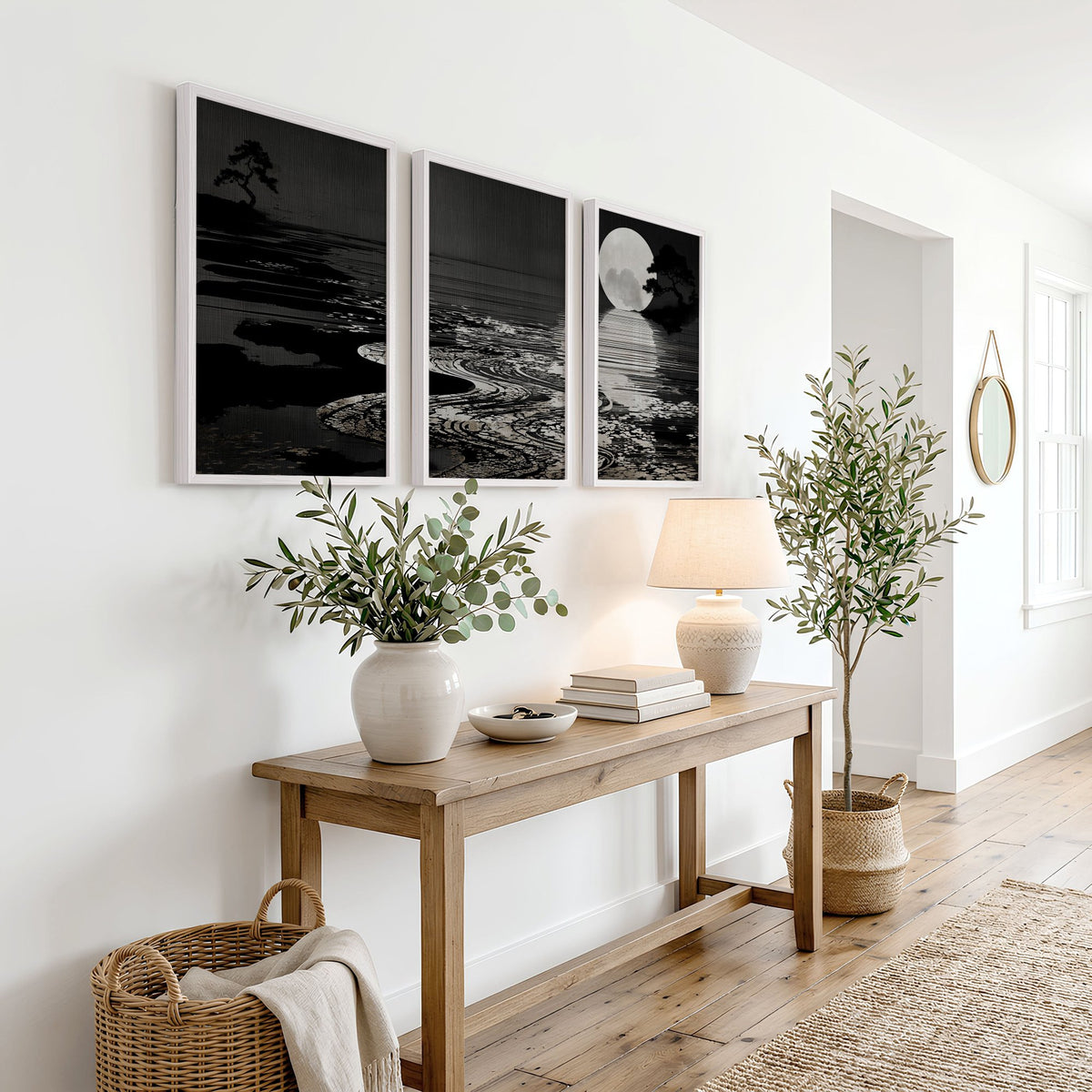 Asian Wall Art Panels | Japandi Moonrise Landscape, Black & White Japanese Seascape displayed on a wall in a styled room — view 5