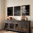 Asian Wall Art Panels | Japandi Moonrise Landscape, Black & White Japanese Seascape displayed on a wall in a styled room — view 6