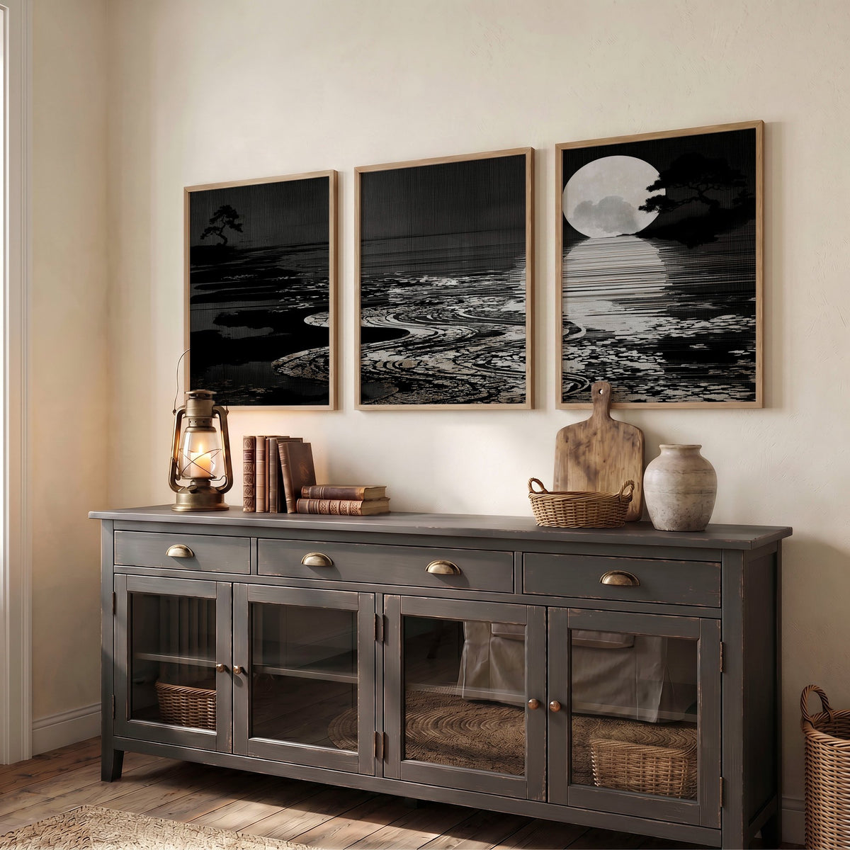 Asian Wall Art Panels | Japandi Moonrise Landscape, Black & White Japanese Seascape displayed on a wall in a styled room — view 6