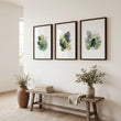 Autumn Art Botanical Leaf wall art | Watercolour Green & Gold-Tone Leaves displayed on a wall in a styled room