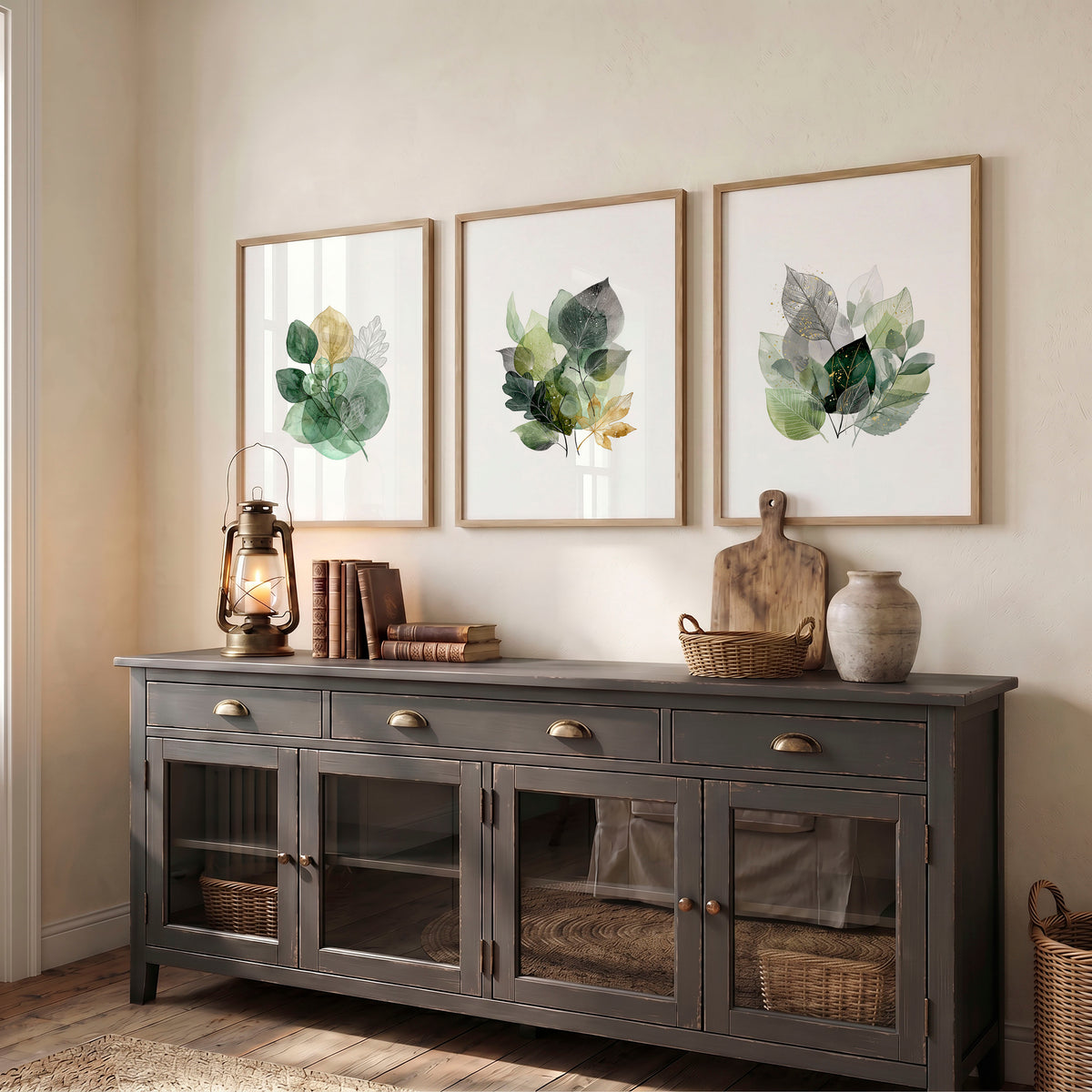Autumn Art Botanical Leaf wall art | Watercolour Green & Gold-Tone Leaves displayed on a wall in a styled room — view 5
