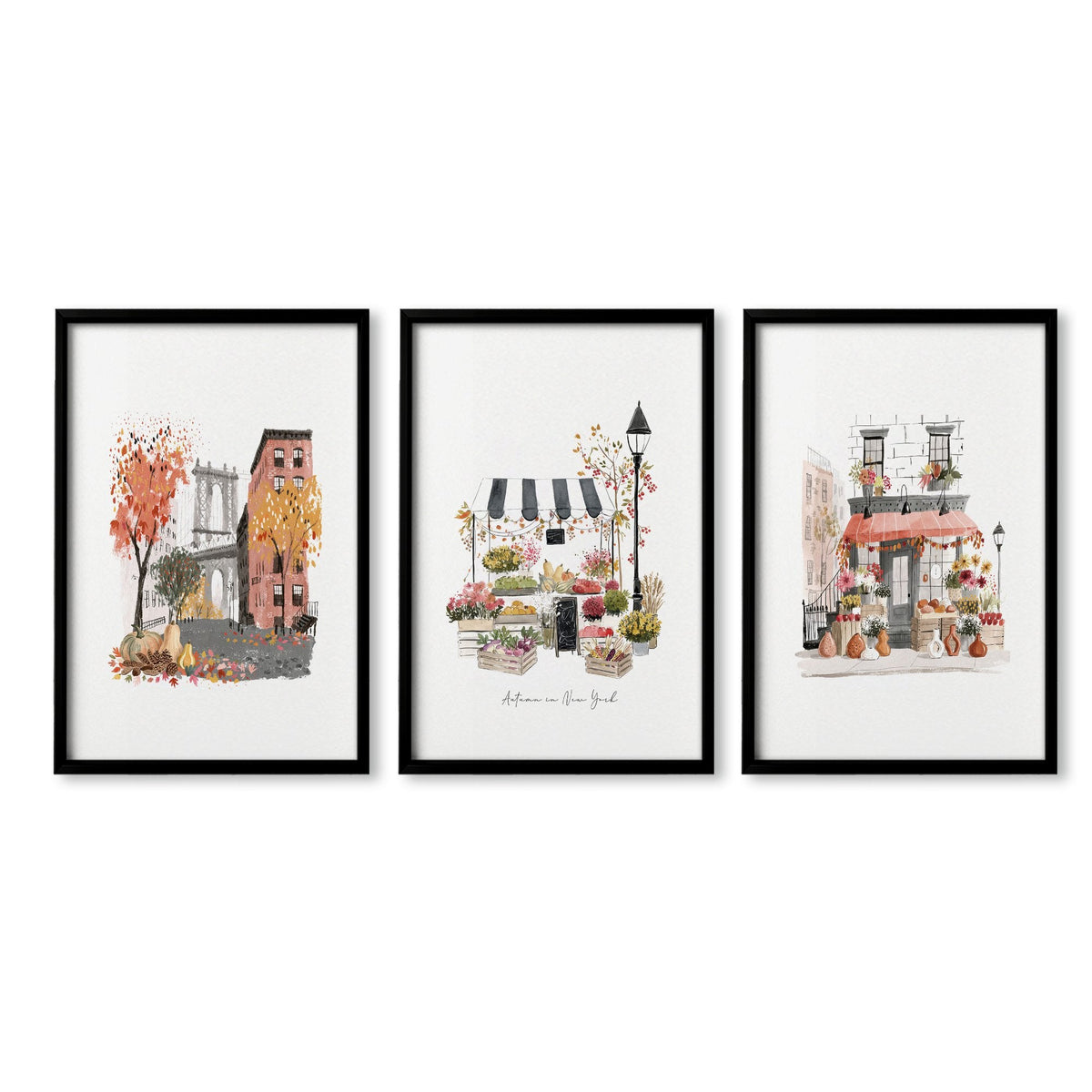 Autumn Artwork New York City Watercolour Travel Wall Art Prints | "Autumn in New York" | Set of 3