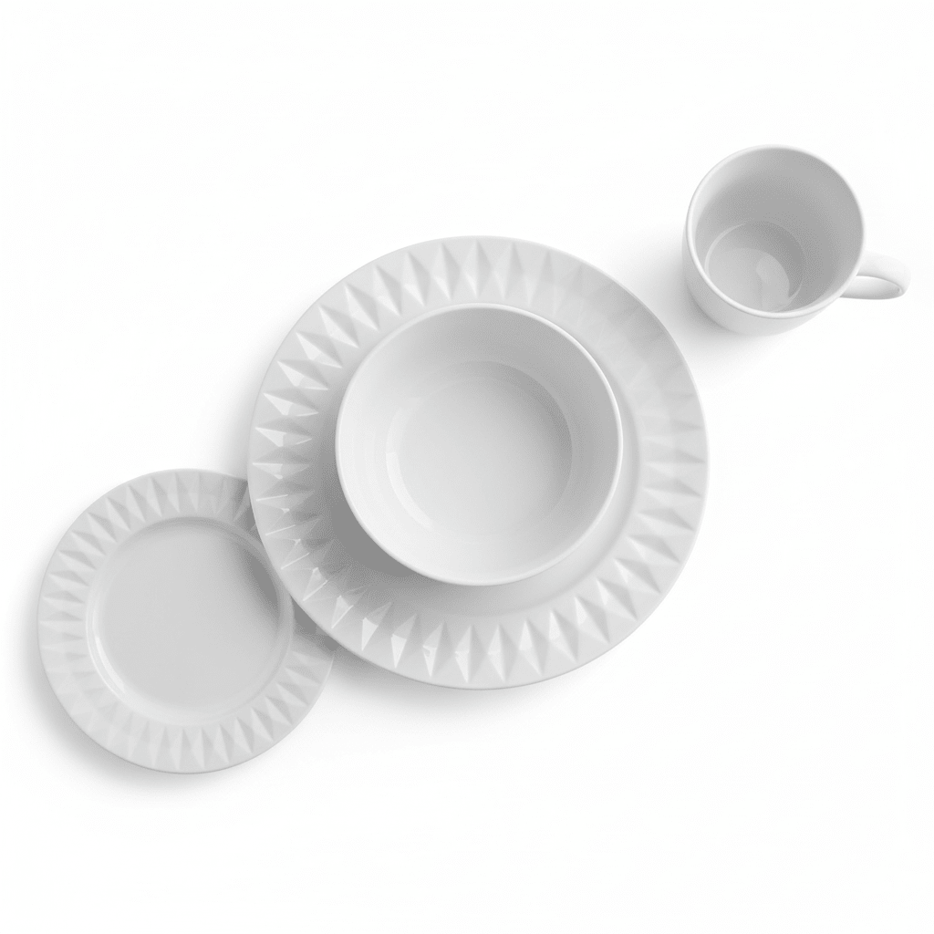 Avie 16 Piece White Embossed Dinner Set.