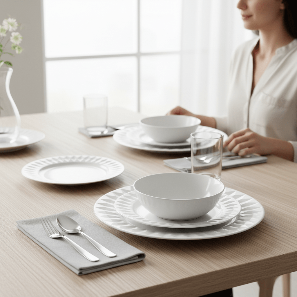 Avie 16 Piece White Embossed Dinner Set.