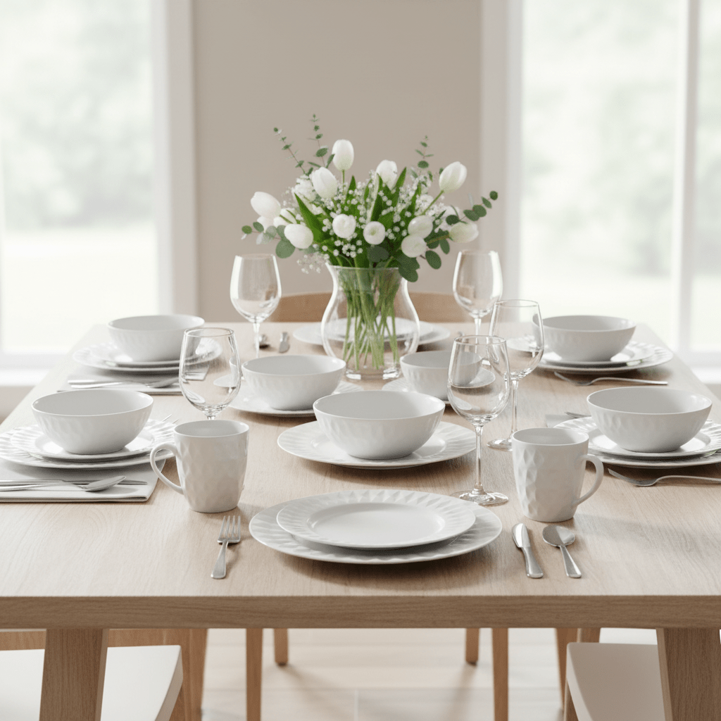 Avie 16 Piece White Embossed Dinner Set.
