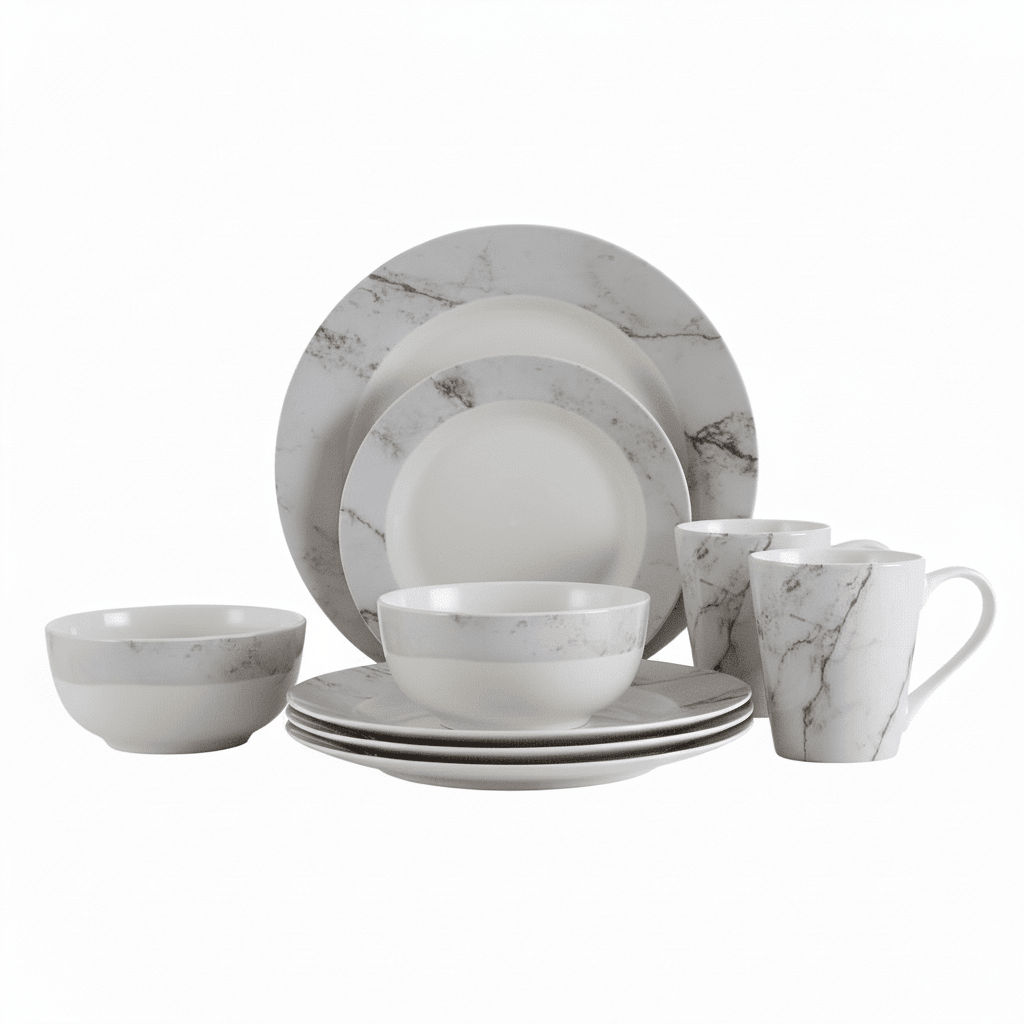 Avie 16Pc White And Grey Marble Effect Dinner Set