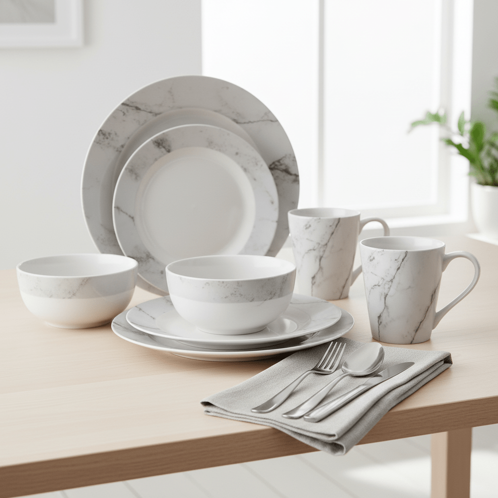 Avie 16Pc White And Grey Marble Effect Dinner Set