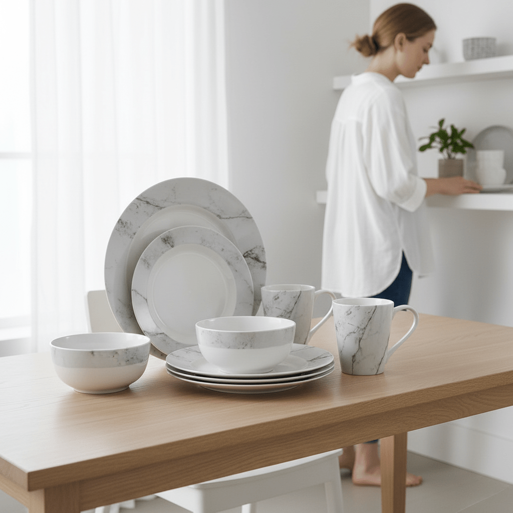 Avie 16Pc White And Grey Marble Effect Dinner Set