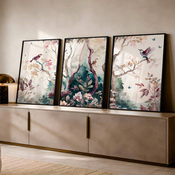 Chinoiserie framed wall art 3 piece set, extra large Vintage Asian Triptych wall art, Eclectic Botanical wall decor living room wall hanging — 2