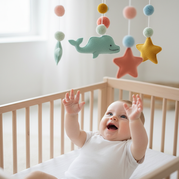 Baby Reaching for Colourful Mobile