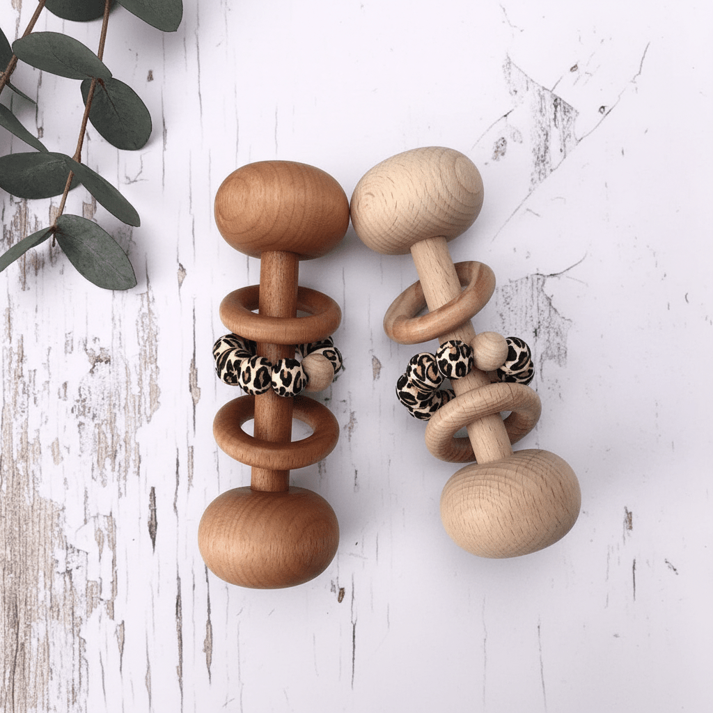 Baby Wooden Rattles, Raw Wooden Toys, Silicone Beads Color Enlightenment Education, Chewable Toys
