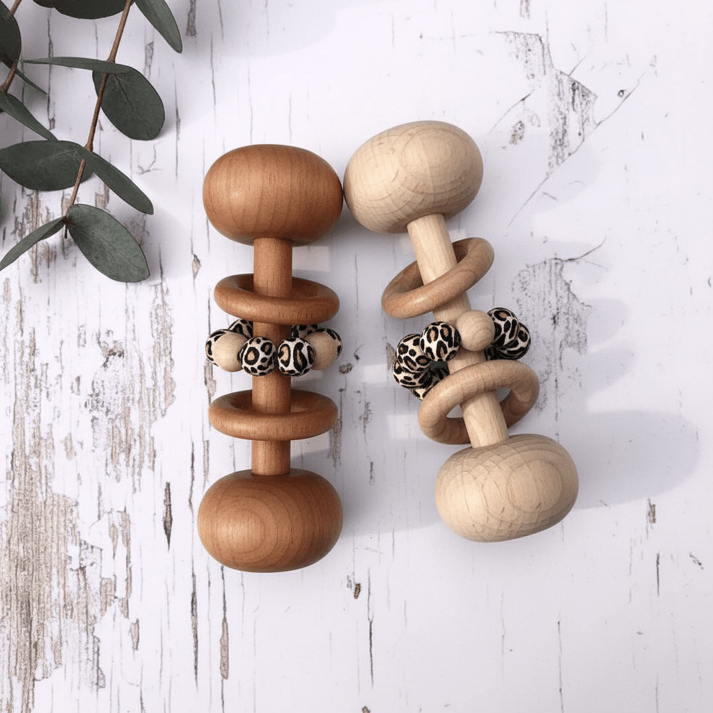 Baby Wooden Rattles, Raw Wooden Toys, Silicone Beads Color Enlightenment Education, Chewable Toys