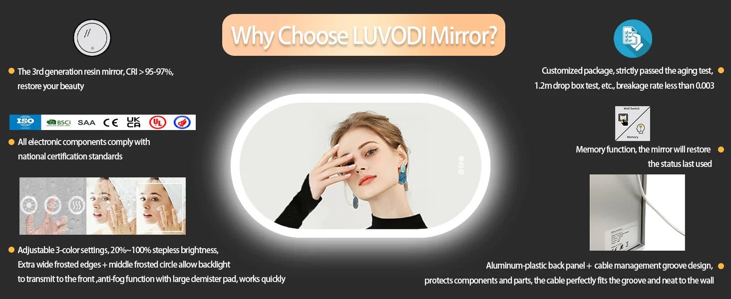 Backlit Smart LED Bathroom Mirror: Oval Dimmable 3 Colors Anti - Fog Mirrors with Light Memory - IP65 CRI95 Large Wall Mounted