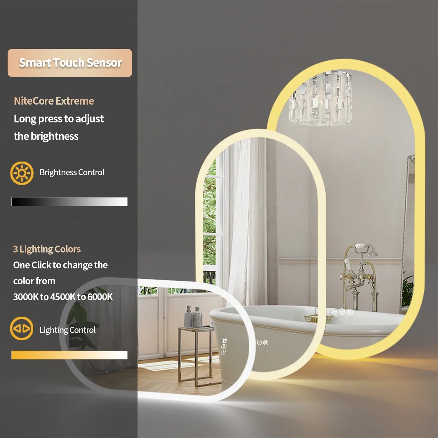 Backlit Smart LED Bathroom Mirror: Oval Dimmable 3 Colors Anti - Fog Mirrors with Light Memory - IP65 CRI95 Large Wall Mounted