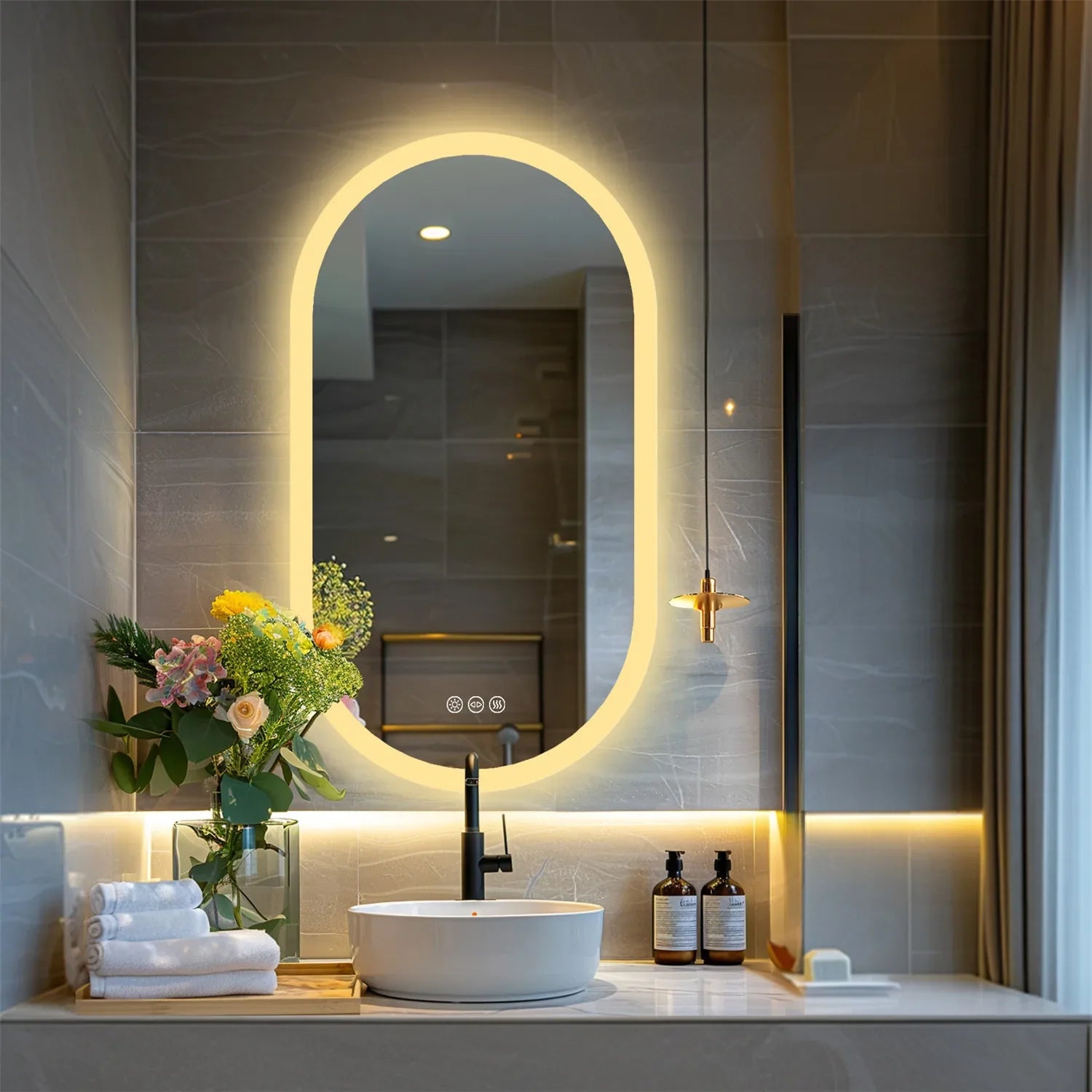 Backlit Smart LED Bathroom Mirror: Oval Dimmable 3 Colors Anti - Fog Mirrors with Light Memory - IP65 CRI95 Large Wall Mounted