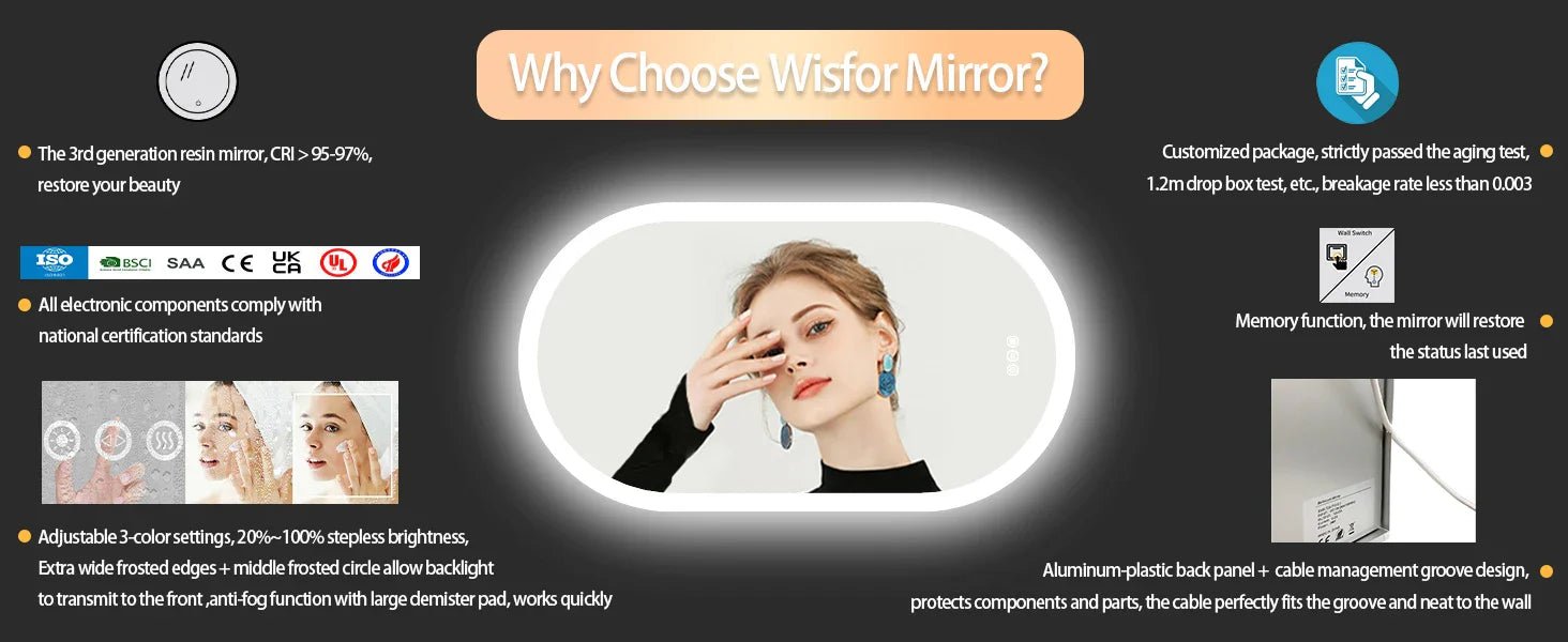Backlit Smart LED Bathroom Mirror: Oval Dimmable 3 Colors Anti - Fog Mirrors with Light Memory - IP65 CRI95 Large Wall Mounted