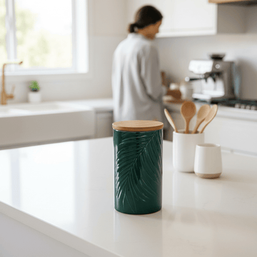 Bali Dark Green Large Storage Jar with Bamboo Lid