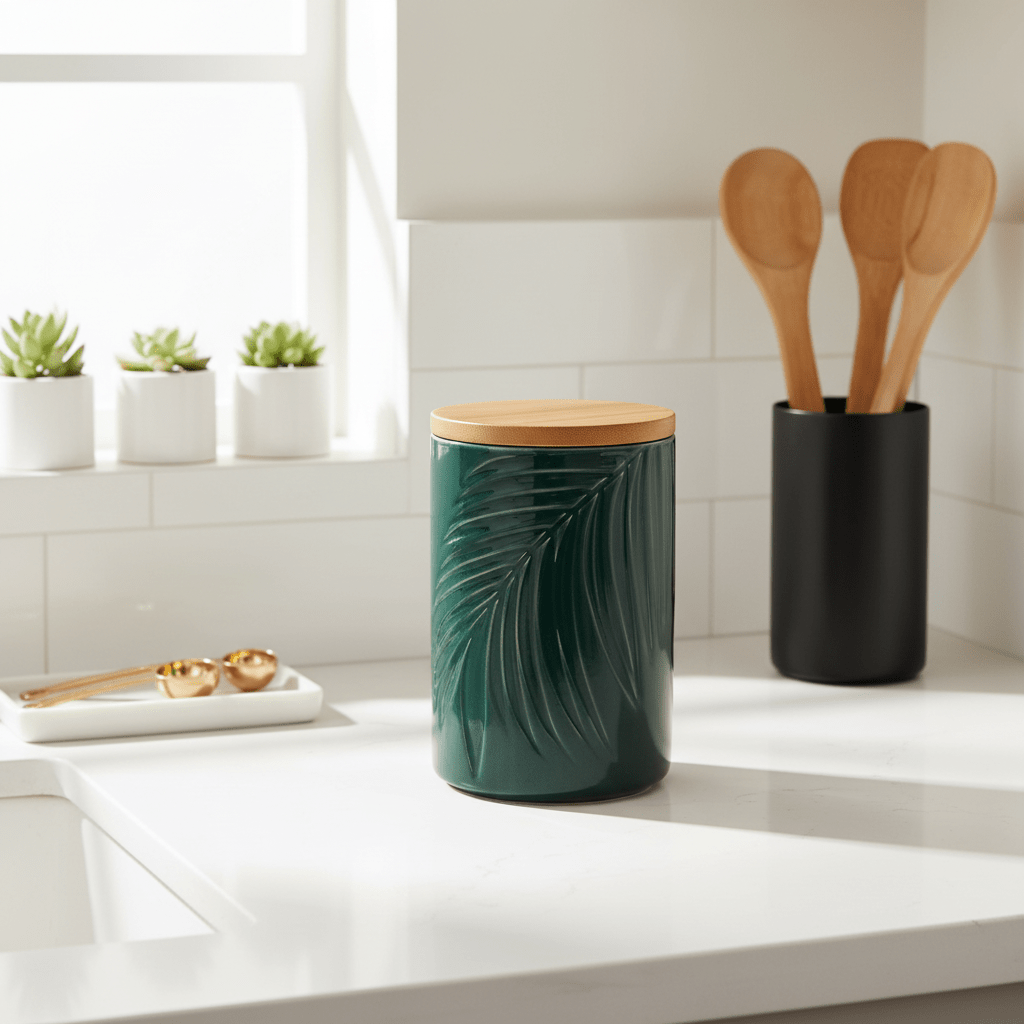 Bali Dark Green Medium Storage Jar with Bamboo Lid