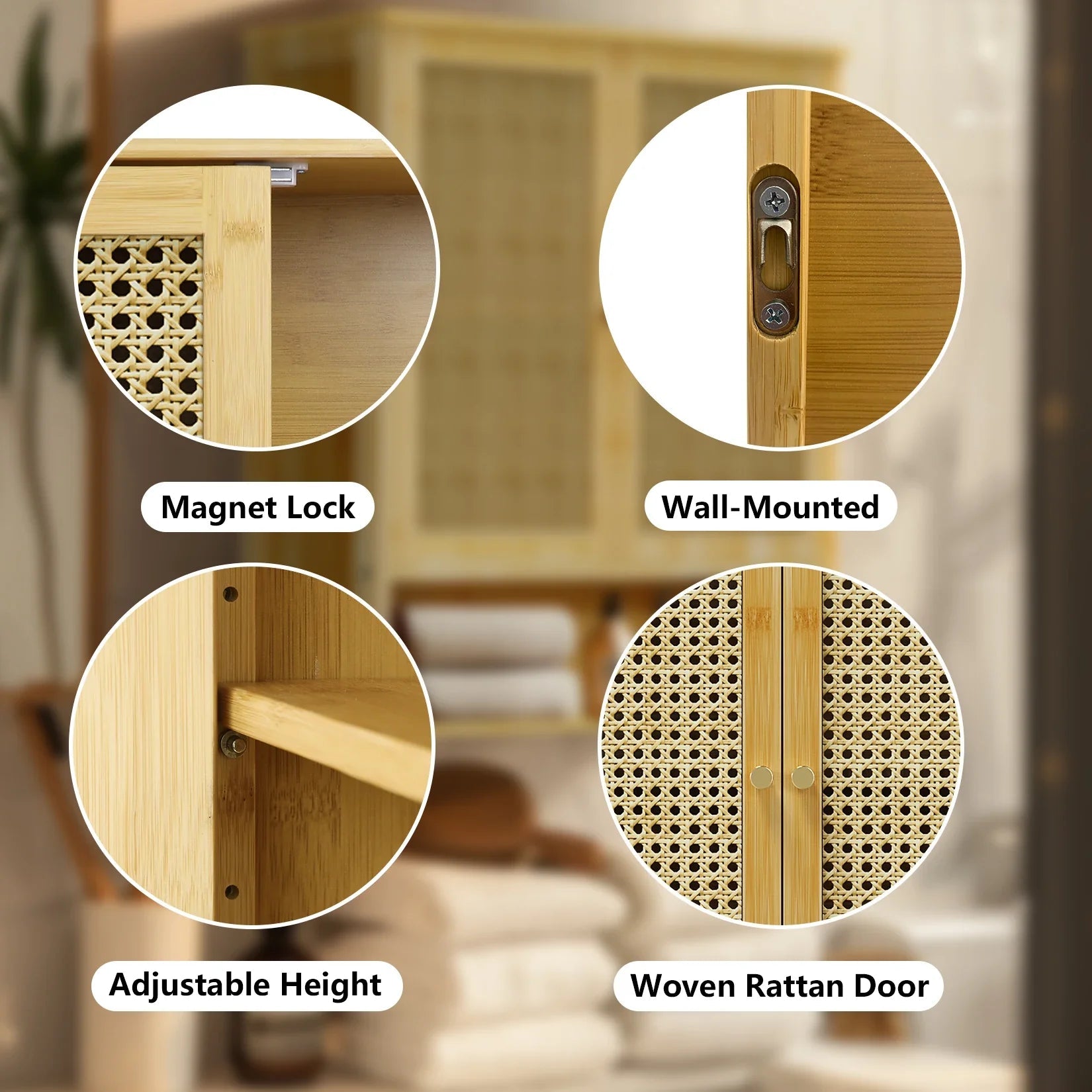 Bamboo Bathroom Wall Cabinet, Over the Toilet, Kitchen Storage, Solid Wood, 3 Shelves, 2 Doors