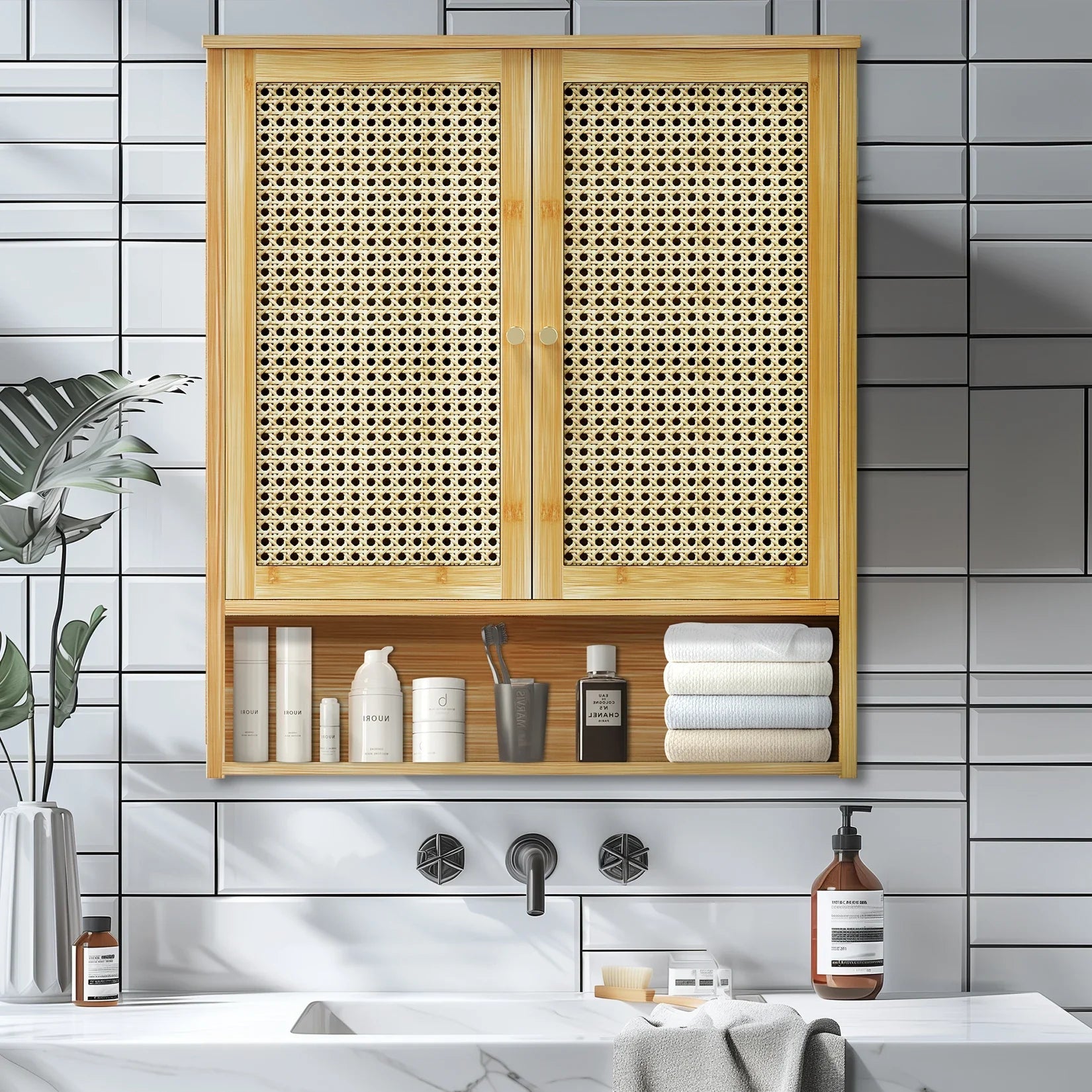 Bamboo Bathroom Wall Cabinet, Over the Toilet, Kitchen Storage, Solid Wood, 3 Shelves, 2 Doors