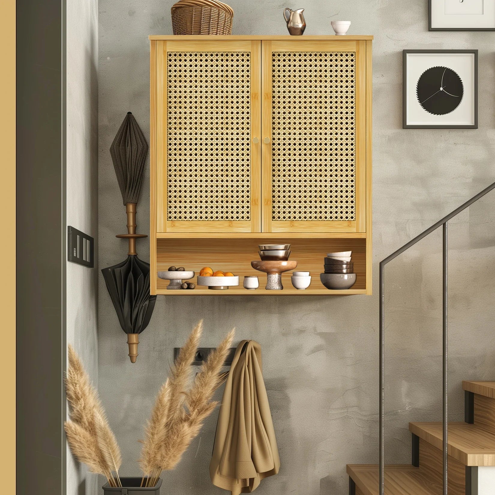 Bamboo Bathroom Wall Cabinet, Over the Toilet, Kitchen Storage, Solid Wood, 3 Shelves, 2 Doors