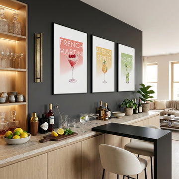 Bar Wall Art Decor "French Martini" "Aperol Spritz" "Mojito" Pastel Cocktail wall art displayed on a wall in a styled room