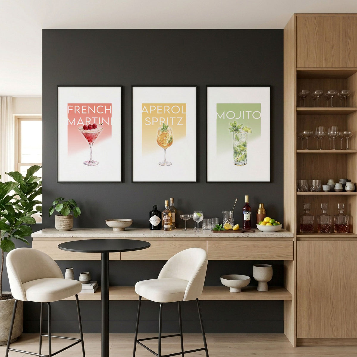 Bar Wall Art Decor "French Martini" "Aperol Spritz" "Mojito" Pastel Cocktail wall art displayed on a wall in a styled room — view 4