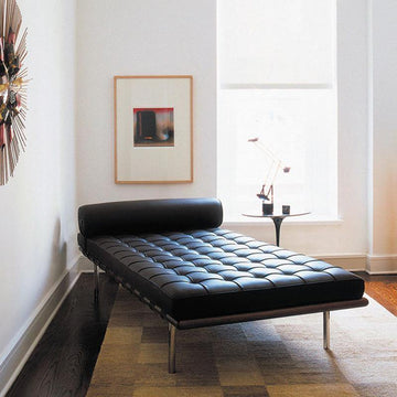Barcelona Style Daybed, Black Leather, Wood Frame