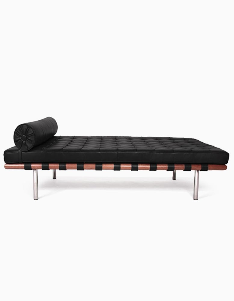 Barcelona Style Daybed, Black Leather, Wood Frame