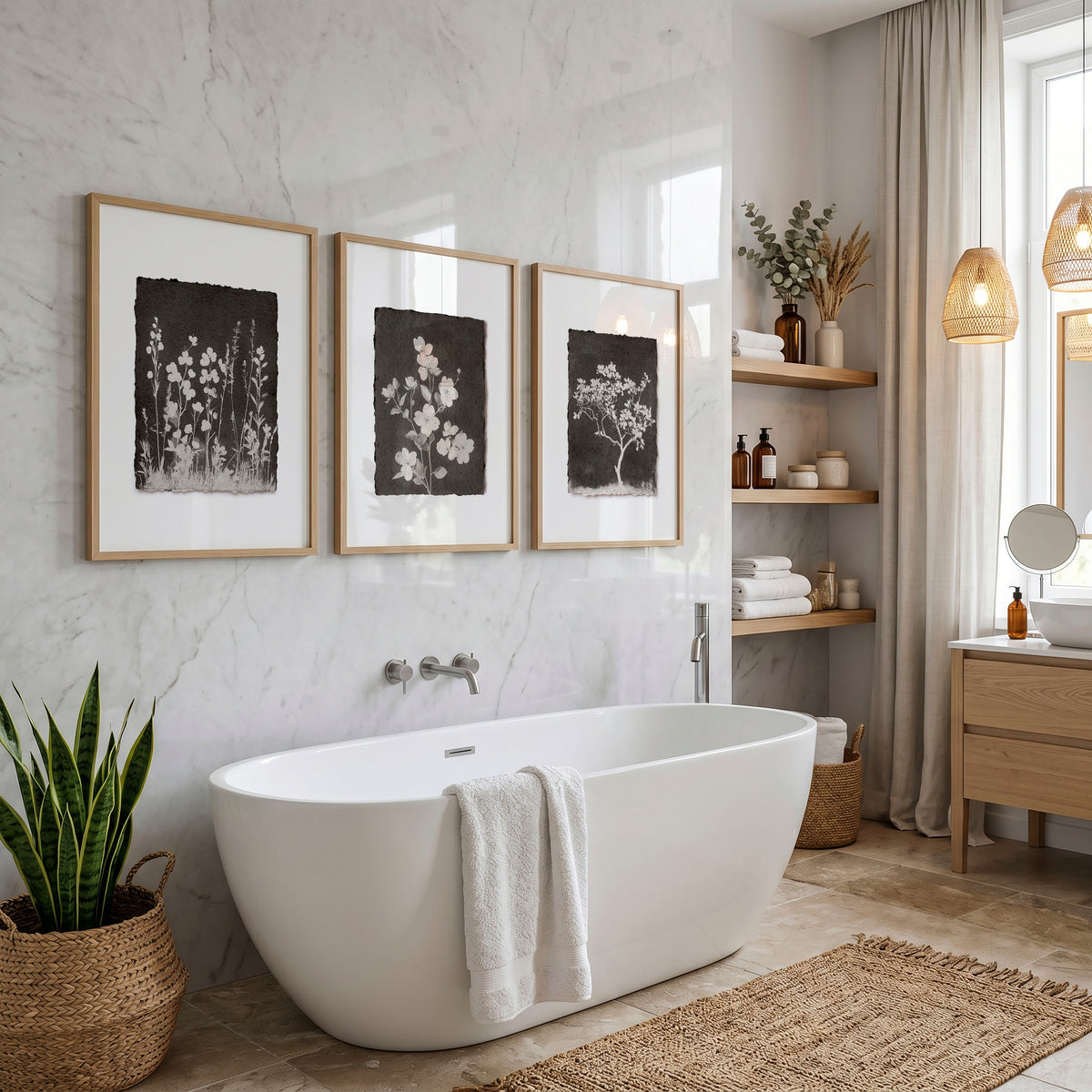 Bathroom Decor Sets Dark Botanical Wildflower & Blossom wall art displayed on a wall in a styled room — view 10
