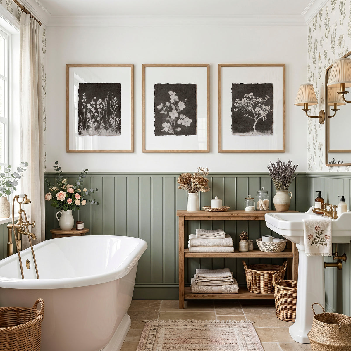 Bathroom Decor Sets Dark Botanical Wildflower & Blossom wall art displayed on a wall in a styled room — view 4